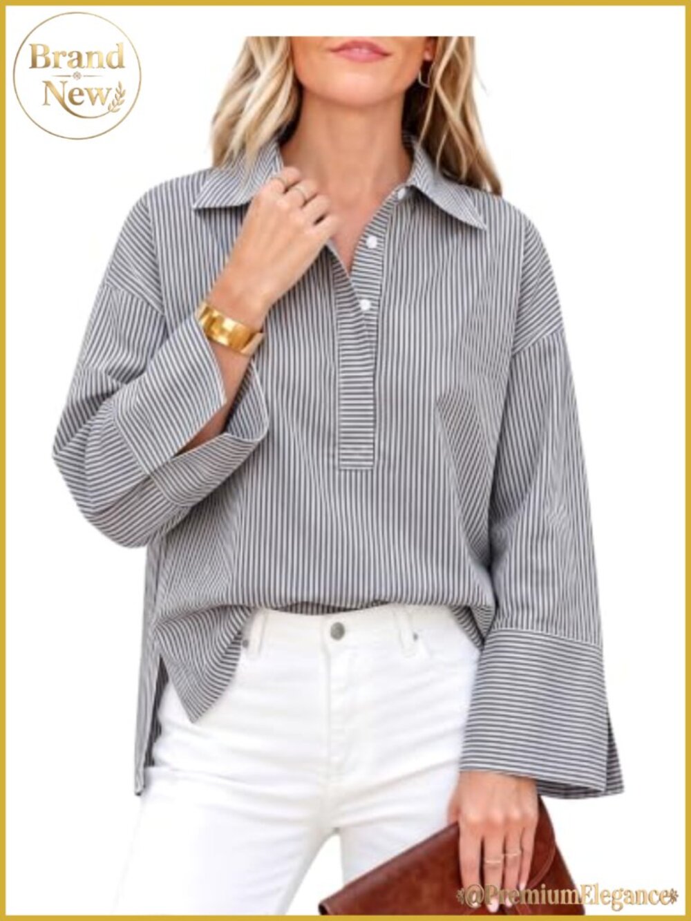 Women's Striped Button Down Henley Shirt Bell Sleeve Cotton Blend Blouse